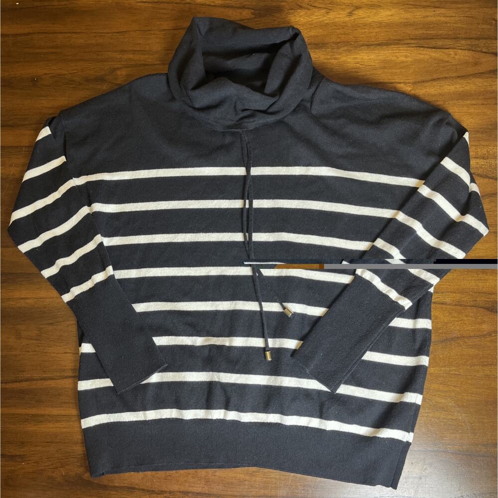 Max Studio Wm Sz M Black W/ White Stripes Drawstring Cowl Neck Sweater Normcore